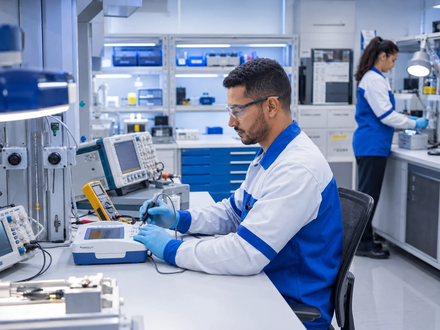 Equipe técnica da Final Engenharia em laboratório de equipamentos médicos